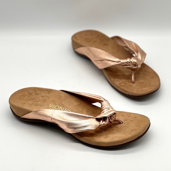 VIONIC Pippa Toe Post Sandal Womens 10 Rose Gold Leather Knotted Flip Flop Thong - Picture 1 of 14
